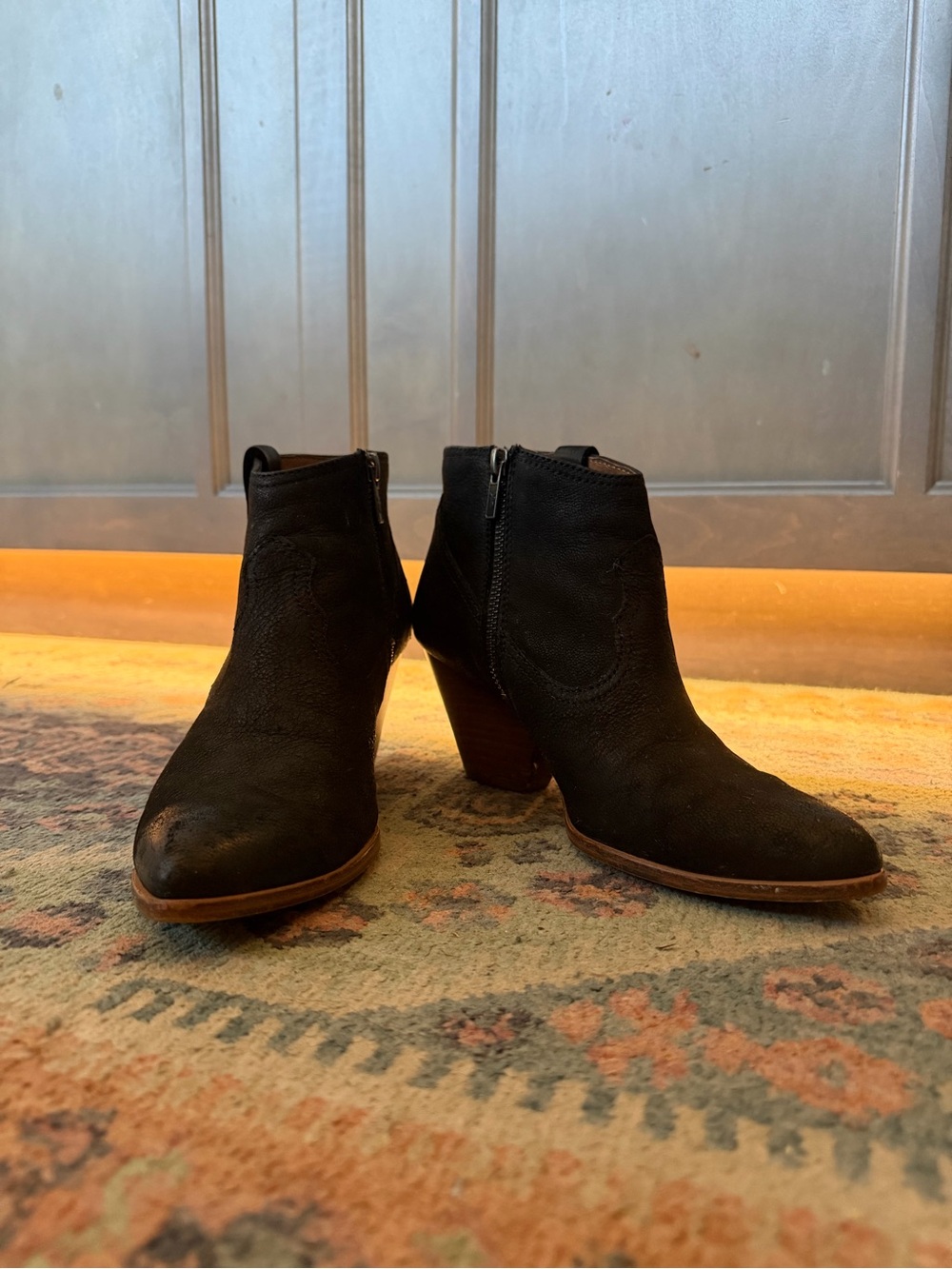 Frye Black Suede Ankle Booties with Stacked Heel - Picture 2 of 7